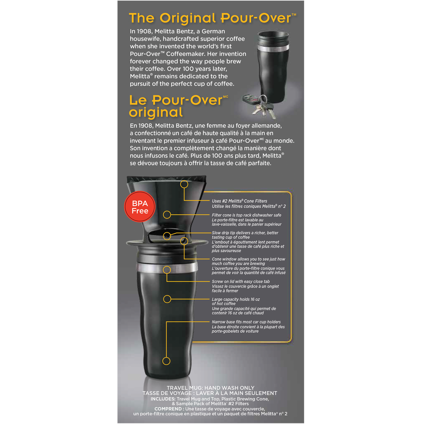 1-Cup Pour-Over Coffee Brew Cone & Travel Mug Set - Black
